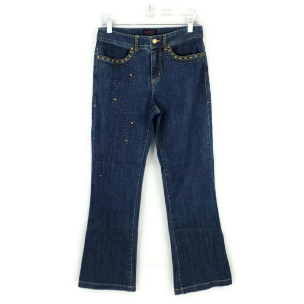 VS2 By Vakko Dark Wash Boot Cut Denim Jeans Womens Size 4 Bronze Stud Detail